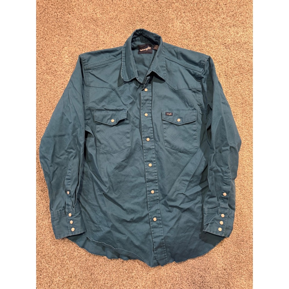 Wrangler Button Down Mens L Teal MS71419 Western Snap Long‎ Sleeve Cotton Twill